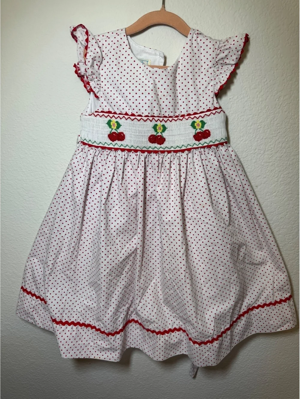 VINTAGE Girls' White Polka Dot Dress with Cherry Embroidery Size 6